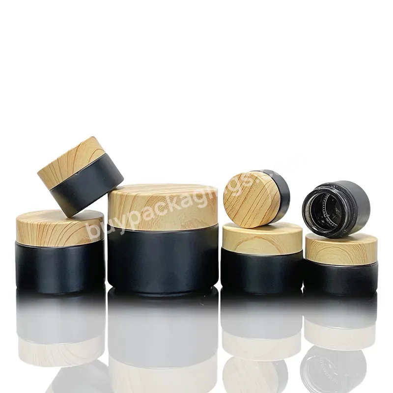 50g 30g 15g 10g 5g Empty Refillable Frost Black Glass Cream Jar Pot Containers With Wood Grain Lids 1oz Black Cosmetic Jar