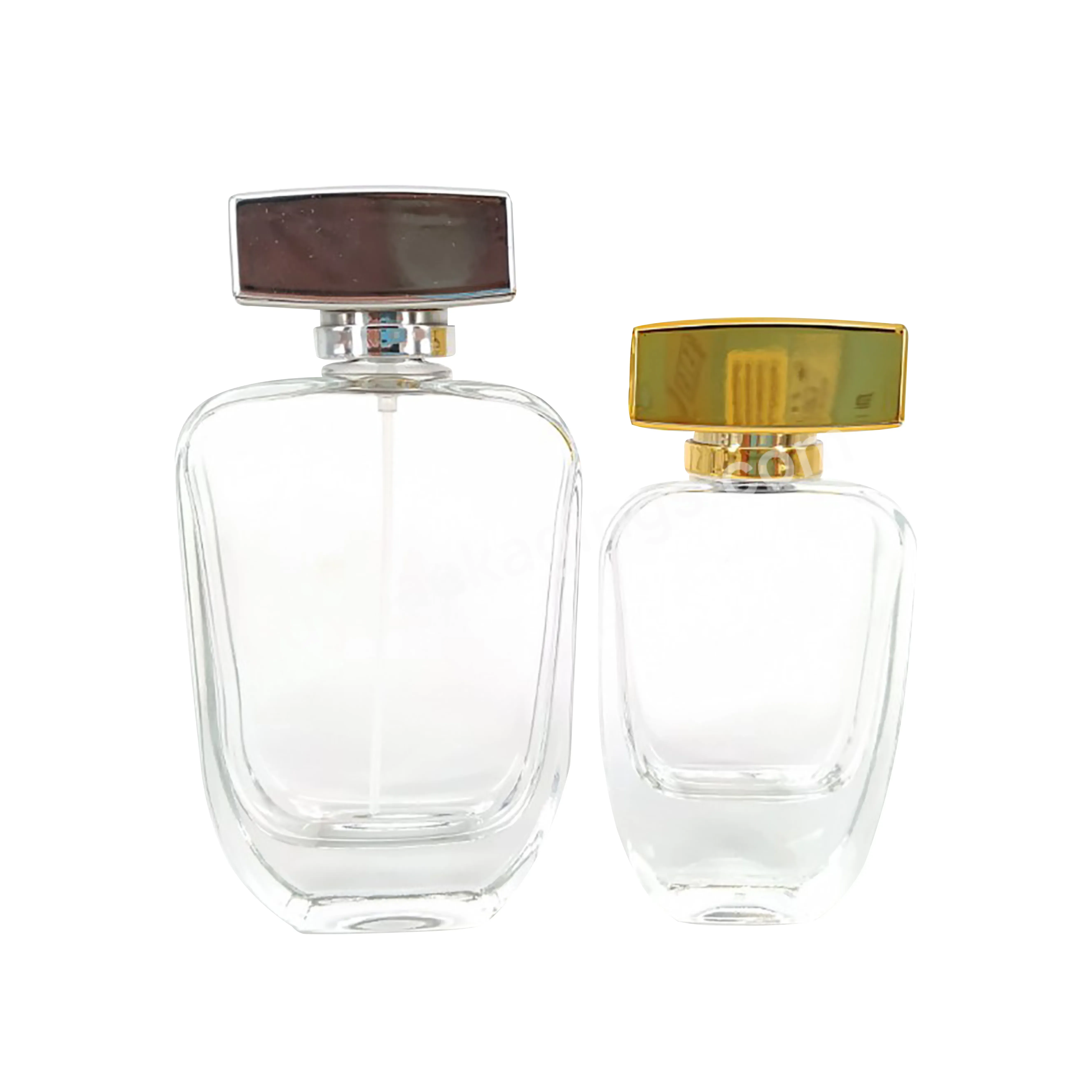 50ml 100ml Wholesale Flat Square Glass Perfume Bottle Thick Bottom Crimp Neck Empty Bottle With Gold Square Cap