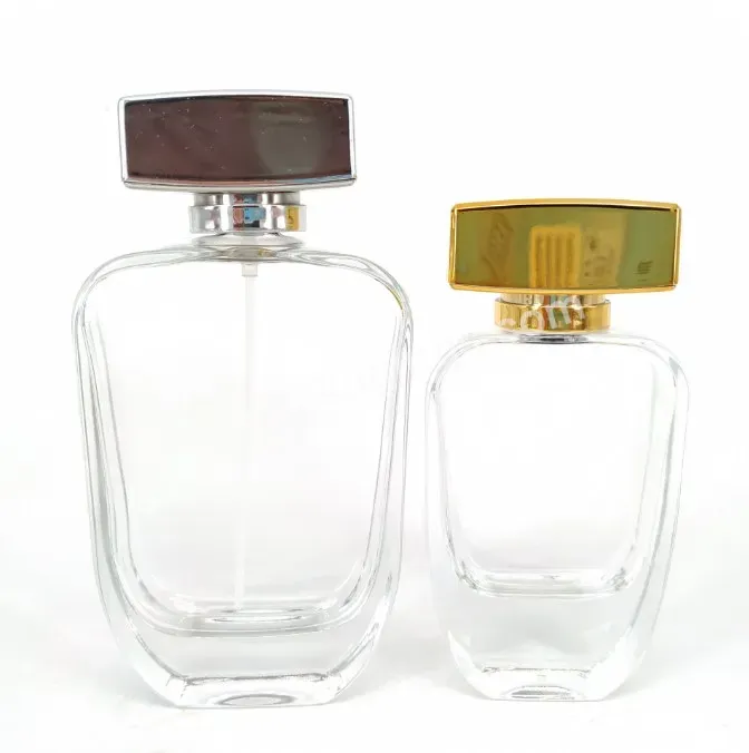 50ml 100ml Wholesale Flat Square Glass Perfume Bottle Thick Bottom Crimp Neck Empty Bottle With Gold Square Cap