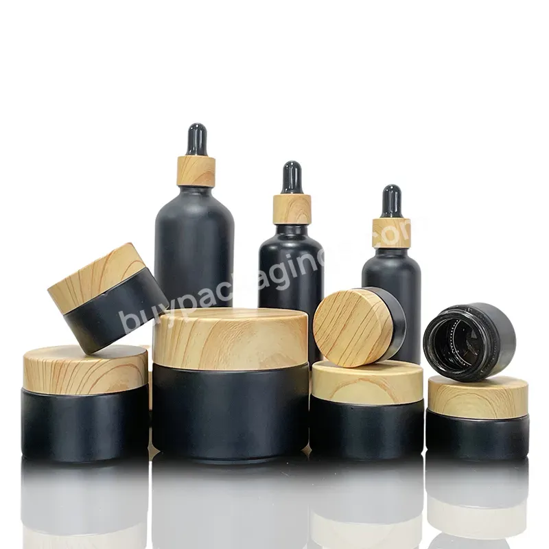 5g 10g 15g 20g 30g 50g 100g Matte Black Frosted Glass Cream Jar For Cosmetic With Bamboo Lid Glass Containers Wood Grain Top