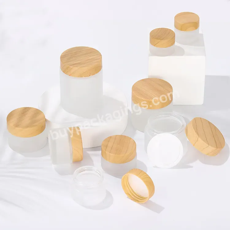 5g 10g 15g 30g 50g 100g Empty Frosted Glass Cream Jar Cosmetic Packaging Containers With Wood Grain Cover