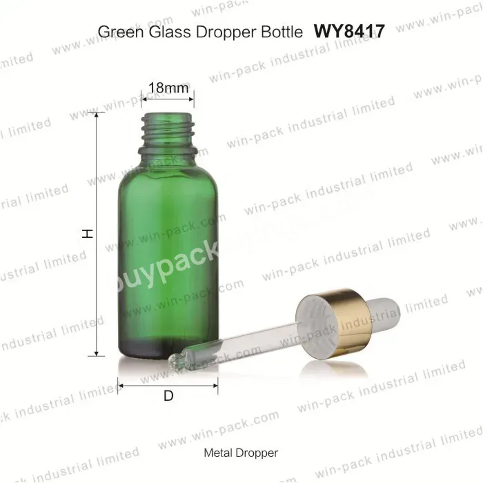 5ml 10ml 15ml 20ml 30ml 50ml 100ml Raw Material Green Essential Oil Glass Bottle With Aluminum Gold Dropper For Cosmetic