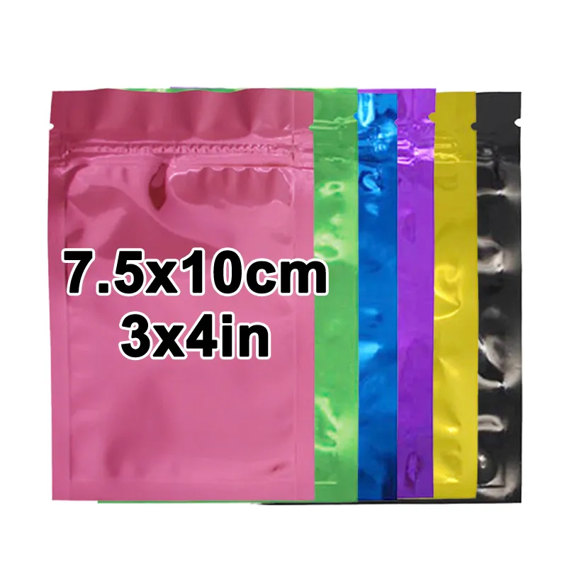 7.5x10cm In Stock Multicolor Food Clear Front Plastic Zipper Packaging Ziplock 3 Three Side Seal Aluminum Foil Flat Pouch Bag