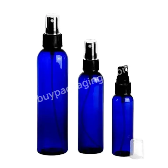 8 Oz Cobalt Blue Pet Cosmo Plastic Bottle With Black Atomizer Spray