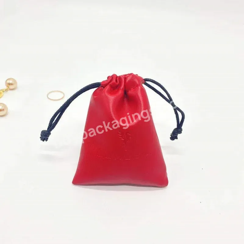 8*10 Cm Red Custom Faux Pu Leather Jewelry Pouch Drawstring Bag With Embossed Logo