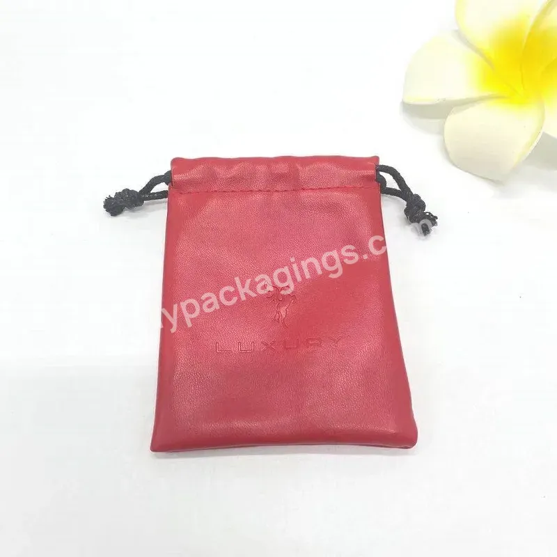 8*10 Cm Red Custom Faux Pu Leather Jewelry Pouch Drawstring Bag With Embossed Logo