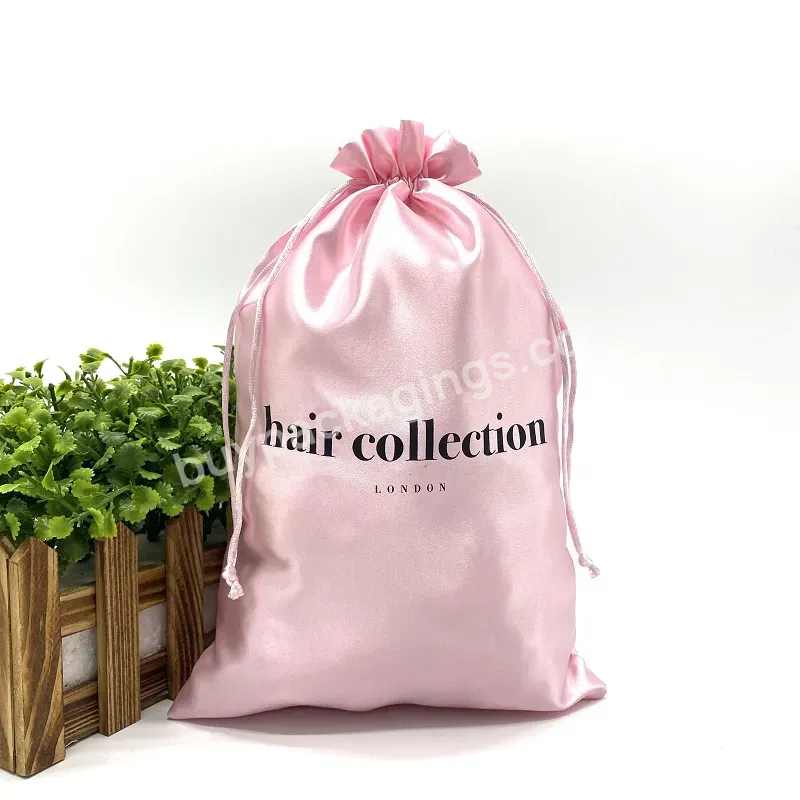 8*12 Inch Pink Custom Logo Printed Silk Satin Braiding Hair Bundle Extension Drawstring Pouches Wig Dust Packaging Bag
