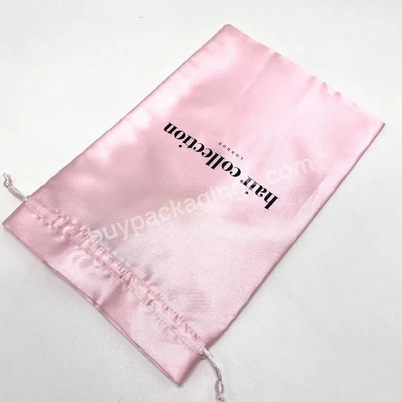 8*12 Inch Pink Custom Logo Printed Silk Satin Braiding Hair Bundle Extension Drawstring Pouches Wig Dust Packaging Bag