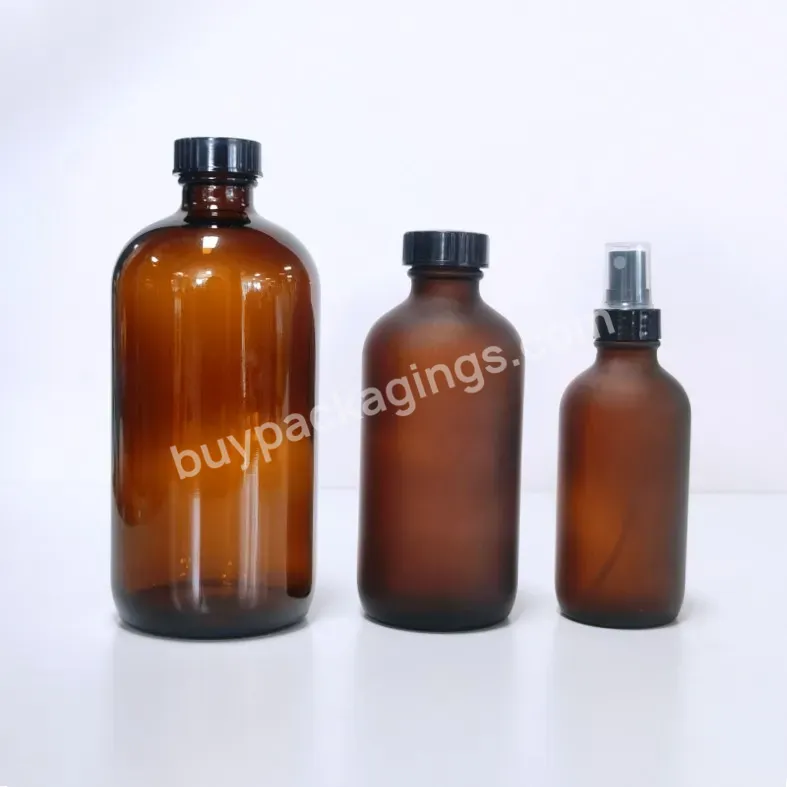 8oz 16oz 500ml Amber Boston Round Glass Spray Bottle With Spray Lotion Pump Cap