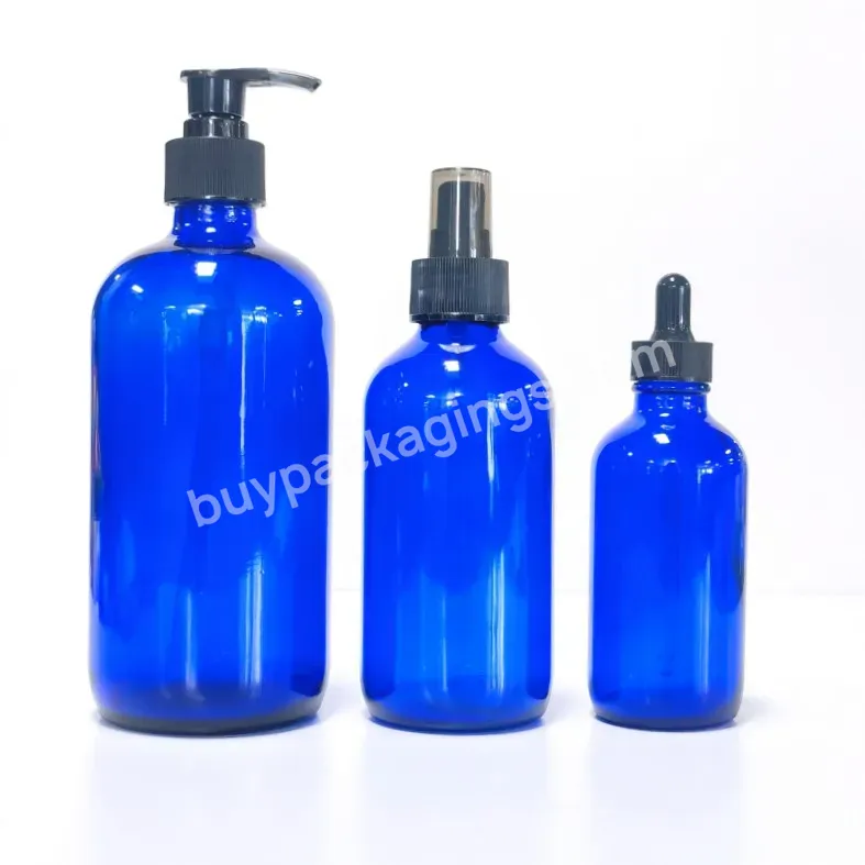 8oz 500ml Hot Sell Clear Blue Empty Boston Round Essential Oil Glass Spray Bottle With Sprayer