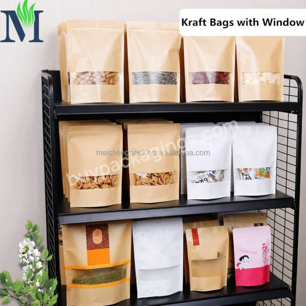 Amazon Hot Sale Biodegradable Zip Lock Kraft Paper Bag With Clear Window In Black White Brown For Nut Packing
