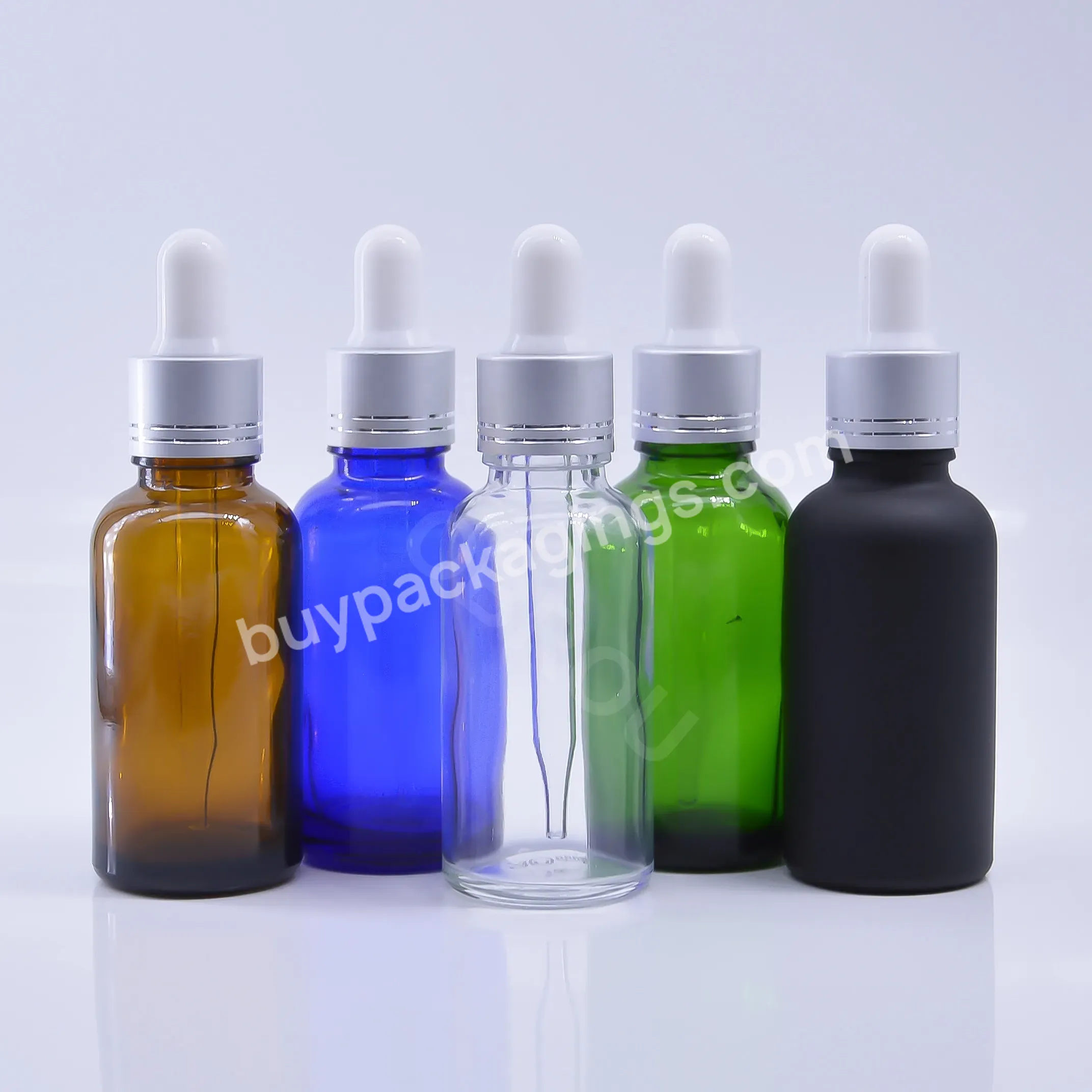 Amber Clear Blue Green Matte Black Glass Essential Oil Bottle Round Bottle With Dropper Silver Screw Cap