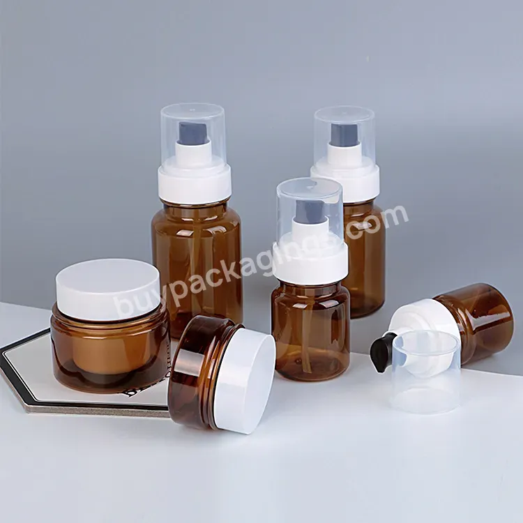 Amber Skincare Serum Cream Lotion Packaging Cosmetic Spray Pmup Bottle Container Set With Cap