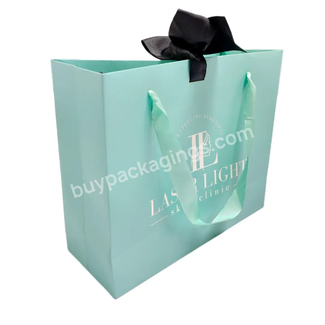 Aqua Blue Paper Handbags Eco Friendly Materials Custom Logo Free Design