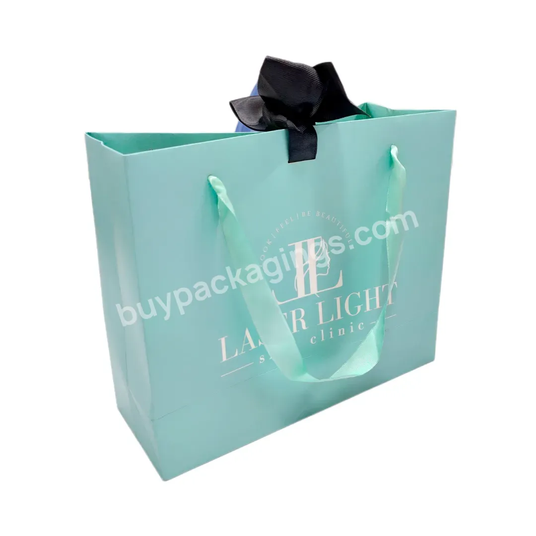 Aqua Blue Paper Handbags Eco Friendly Materials Custom Logo Free Design