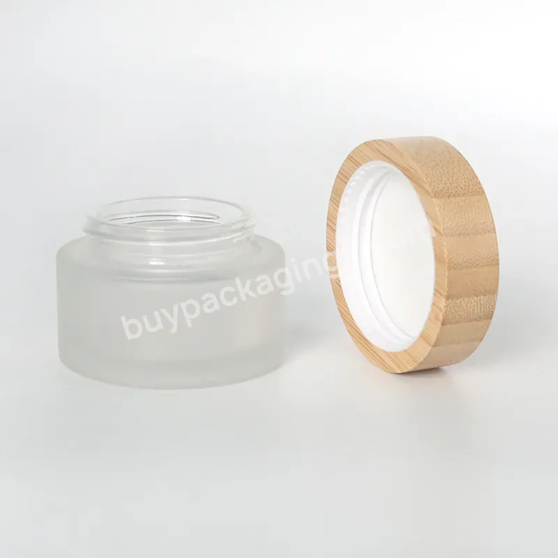 Bamboo Cap Cosmetic Packaging Suppliers Frost White Glass Cosmetic Cream Jar 30g Plastic Jar Clear