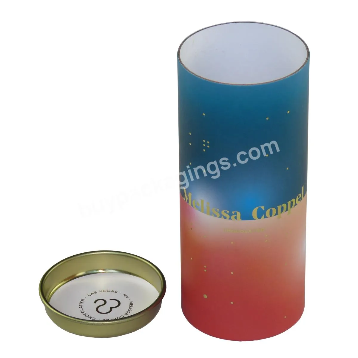 Bespoke Metal Cap Chocolate Paperboard Cylinder Round Tube With Gilding Lid