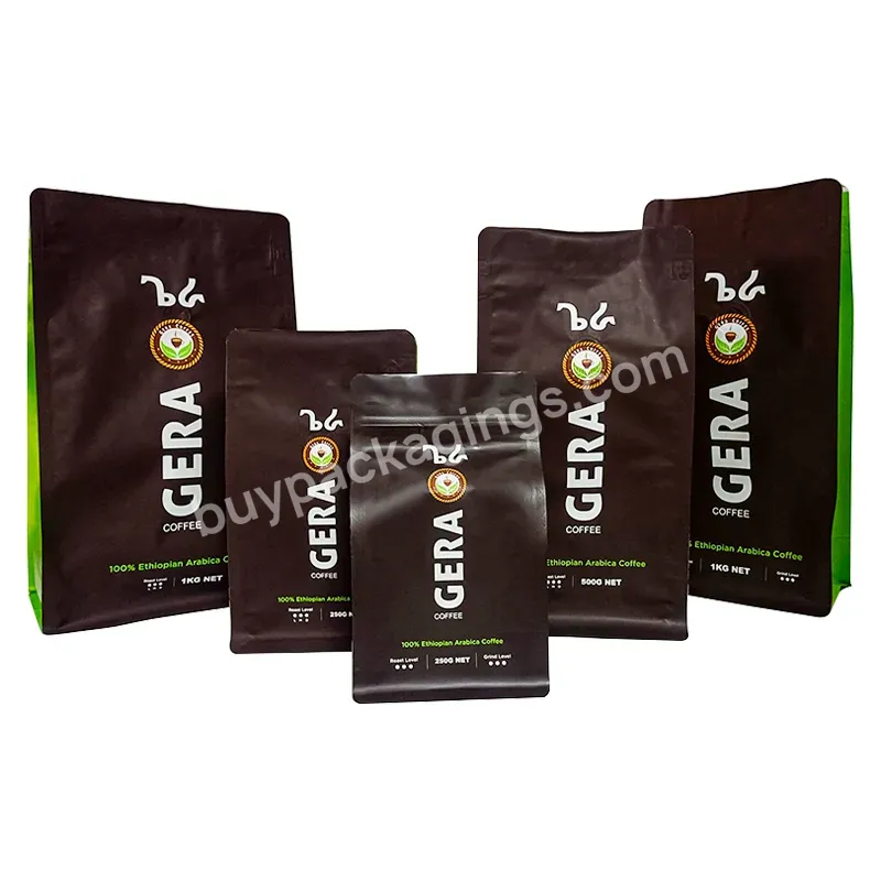 Bio Pla Custom Printed 125g 250g 500g 1kg 12 Oz Black Aluminum Foil Plastic Flat Bottom Coffee Bags With Valve And Zipper