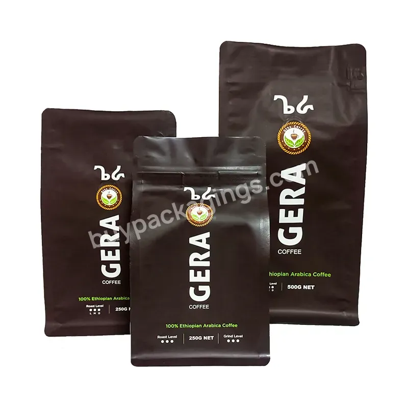 Bio Pla Custom Printed 125g 250g 500g 1kg 12 Oz Black Aluminum Foil Plastic Flat Bottom Coffee Bags With Valve And Zipper