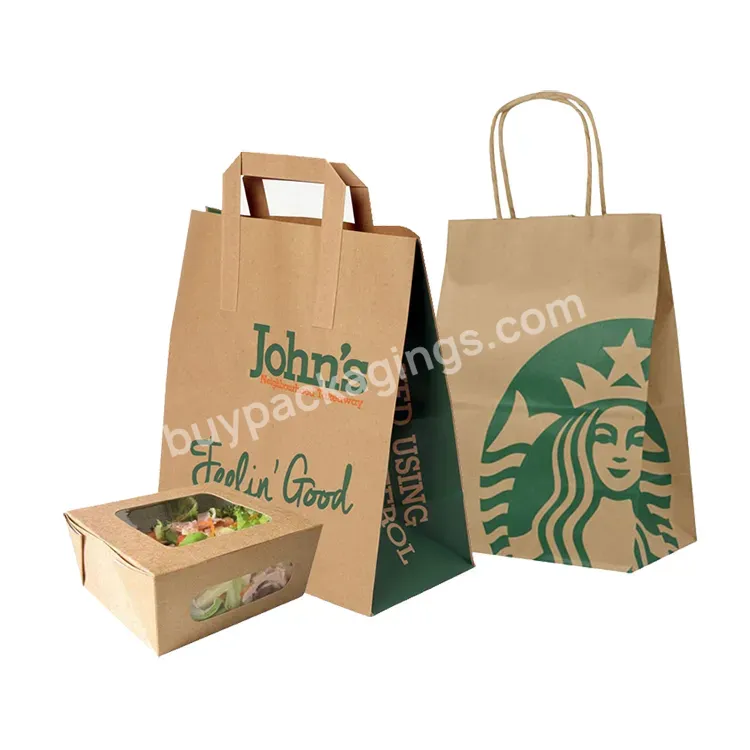 Biodegradable Compost Recycled Retail Food Togo Takeout Takeaway Packaging Custom Print Brown Kraft Paper Bags With Flat Handle