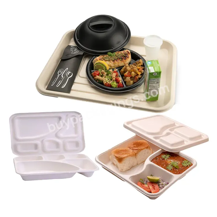 Biodegradable Microwavable 5 Compartments Meal Sushi Bento Trays Multi Parts Disposable Sugar Cane Sugarcane Bagasse Lunch Tray