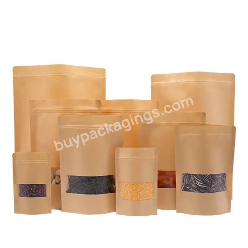 Biodegradable Recycled Customized Stand Up Pouches Dry Food Packaging Brown Kraft Paper Bags With Translucent Window