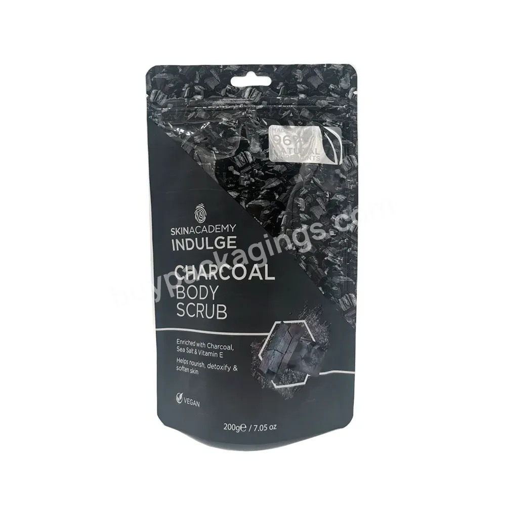 Black Body Scrub Pouches Logo Printing Stand Up Pouches Euro Hole Uv Spot Daily Care Bags Aluminum Foil Inside Plastic Film