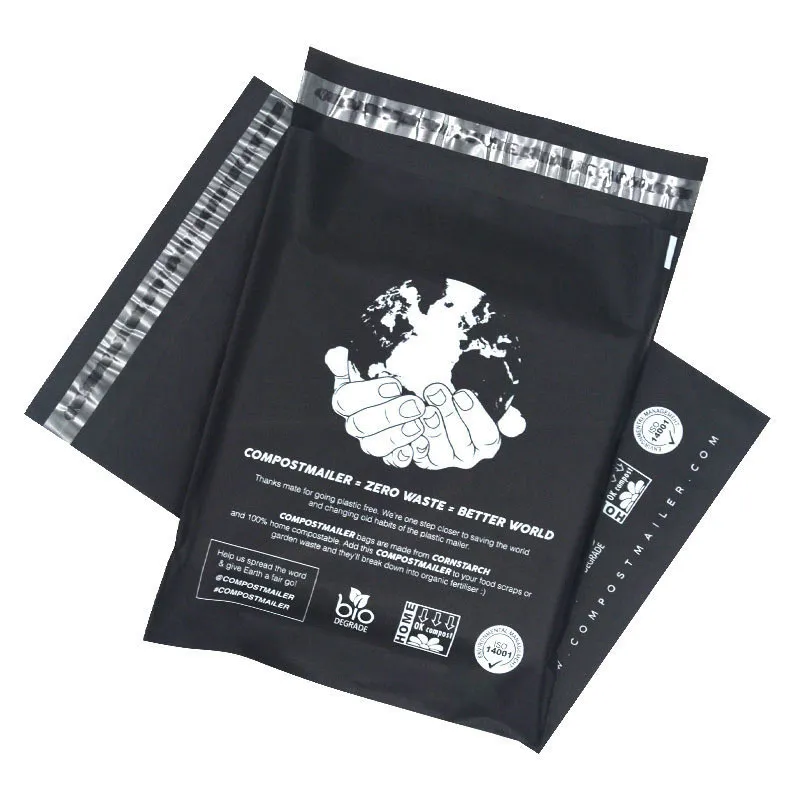 Black Compostable Courier Custom Logo Biodegradable Mailer Degradable Delivery Envelope American Cornstarch Express Bag