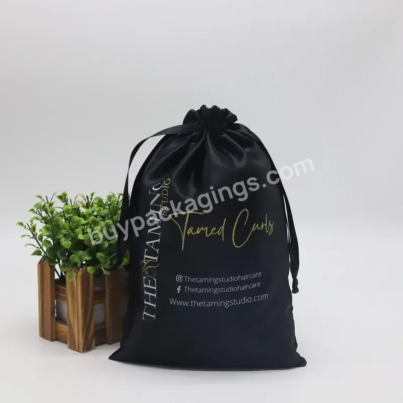 Black Custom Logo Large Hair Bundle Packaging Extension Bag Satin Silk Wig Dust Drawstring Bags