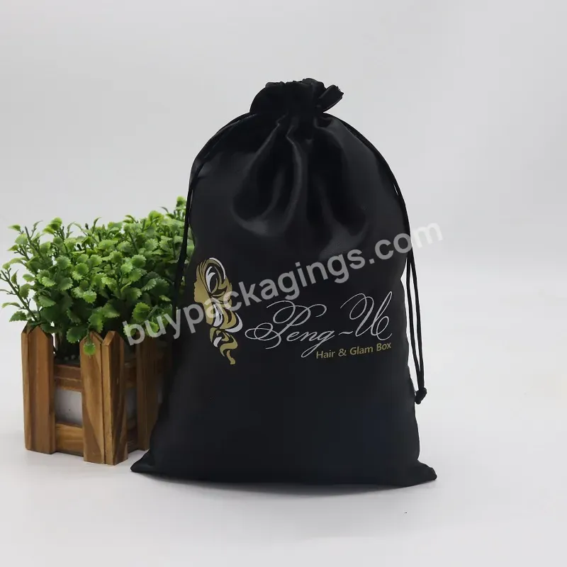 Black Customized Logo Satin Silk Braiding Hair Bundle Packaging Bag Drawstring Wig Bags - Buy Braiding Hair Packaging Bag,Customized Hair Bundle Bag Packaging,Hair Silk Bags.