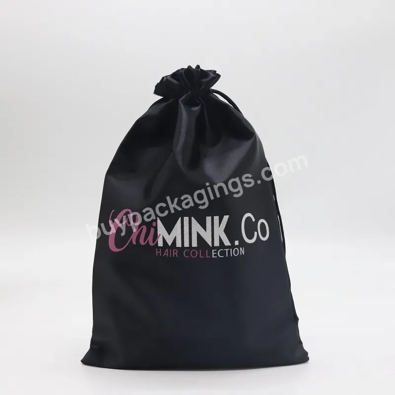 Black Luxury Satin Silk String Bag For Hair Bundle Makeup Gift Packaging Custom Logo Printed - Buy Hair Bundle Packaging Bags,Bag For Hair,Satin String Bag.