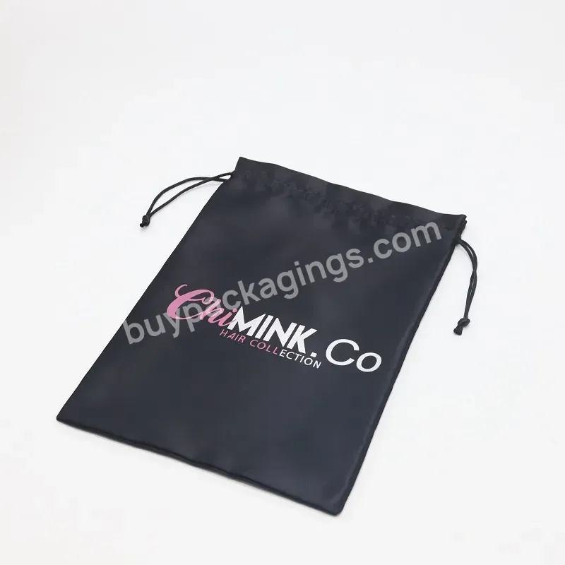 Black Luxury Satin Silk String Bag For Hair Bundle Makeup Gift Packaging Custom Logo Printed - Buy Hair Bundle Packaging Bags,Bag For Hair,Satin String Bag.