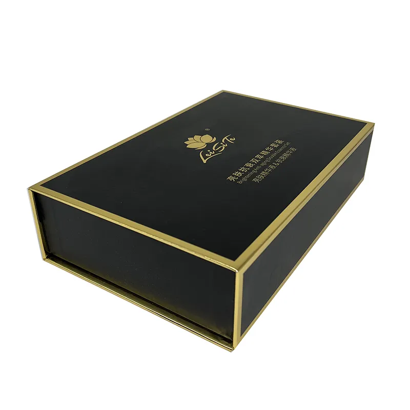 Black magnetic gift box with red flocking insert and golden border