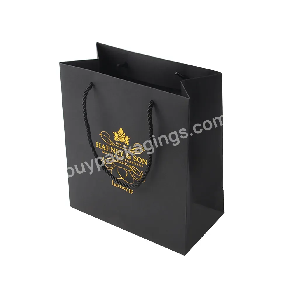 Black New Fashion Boutique Gift Paper Packaging Bags With Gold Foil Logo