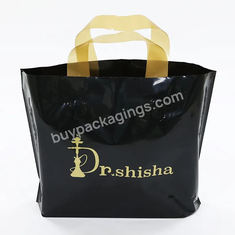 Black Plastic Shopping Handle Bags With Custom Gold Logo Text Printing