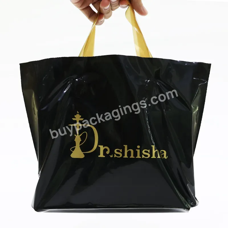 Black Plastic Shopping Handle Bags With Custom Gold Logo Text Printing