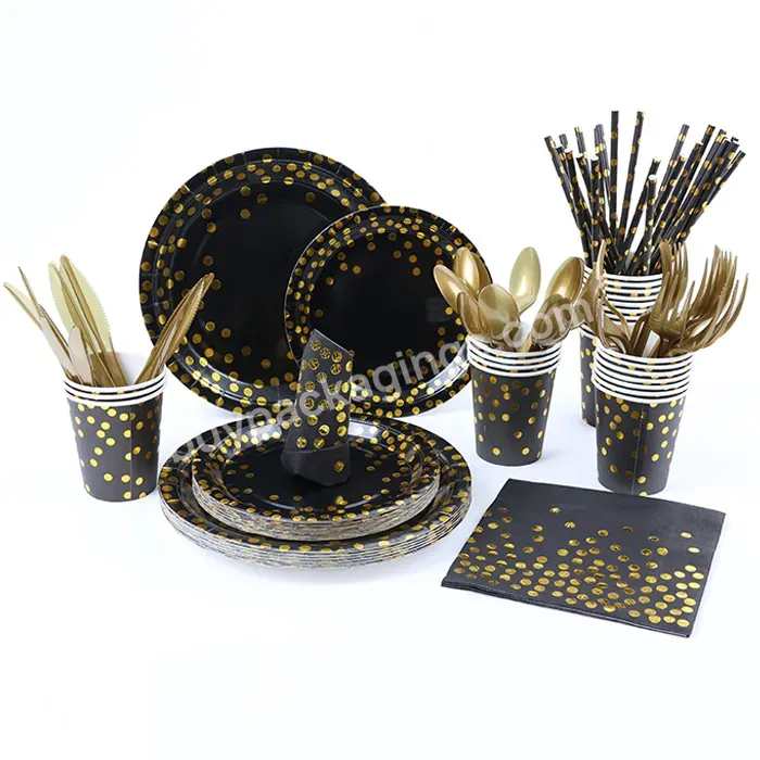 Black Printed Gold Dot Foil Dinnerware Dessert Dinner Paper Plates In Bulk