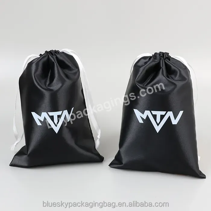 Black Satin Ribbon Bag With White Logo Custom Brand Logo Satin Drawstring Bag For Wig High Quality Satin Wig Bag