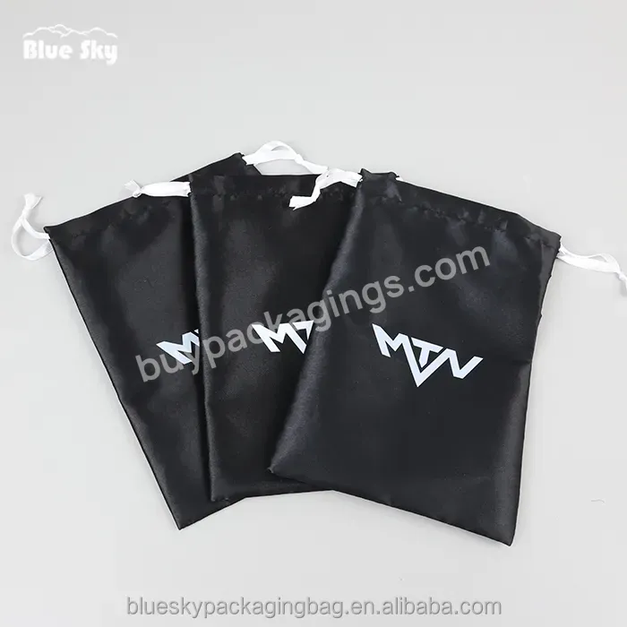 Black Satin Ribbon Bag With White Logo Custom Brand Logo Satin Drawstring Bag For Wig High Quality Satin Wig Bag