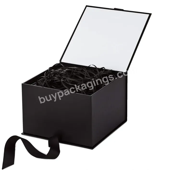 Black Shredded Paper Gift Box With Lid Support Customized Printing Paper Box