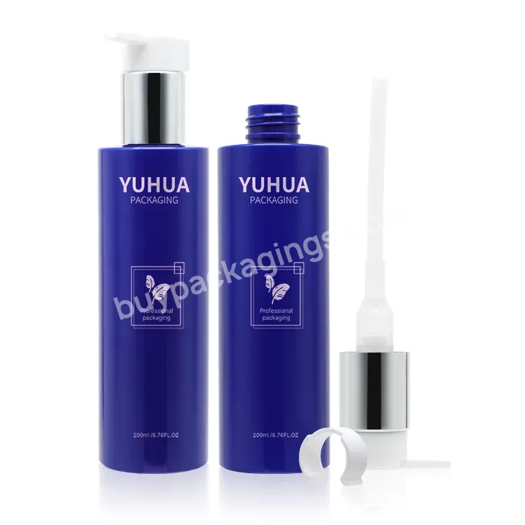 Blue 200ml Pet Biodegradable Cylinder Flat Plastic Home Body Hair Face Lotion Oil Cosmetic Pump Mist Spray Bottle