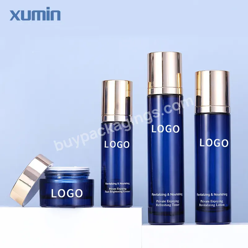 Blue Glass Bottle 100 Ml Cosmetic Packaging Set Cream Glass Bottle Pump 40ml 100ml Blue Glass Bottle 120ml Lotion Packaging