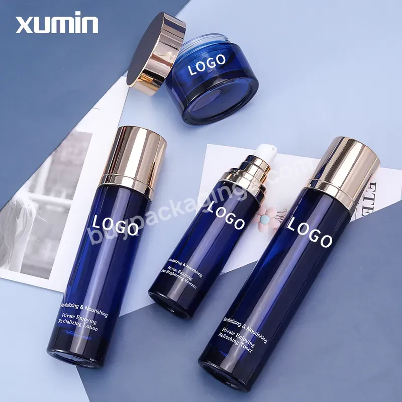 Blue Glass Bottle 100 Ml Cosmetic Packaging Set Cream Glass Bottle Pump 40ml 100ml Blue Glass Bottle 120ml Lotion Packaging