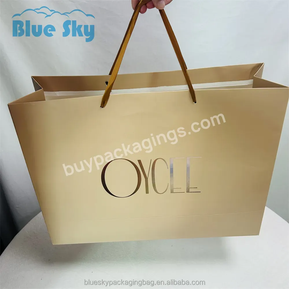 Blue Sky Brown Empty Paper Bag Custom Printed Logo Luxury Clothing Shopping Paper Bag Boutique Recyclable Gift Bag Ribbon Rope