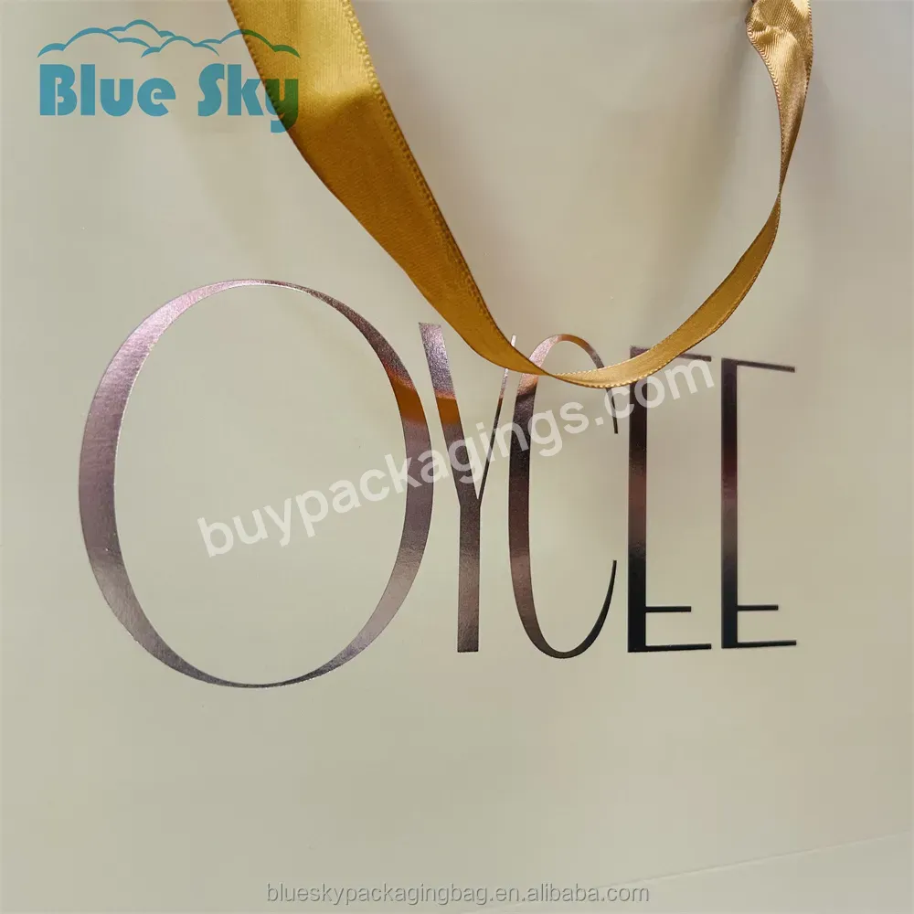 Blue Sky Brown Empty Paper Bag Custom Printed Logo Luxury Clothing Shopping Paper Bag Boutique Recyclable Gift Bag Ribbon Rope