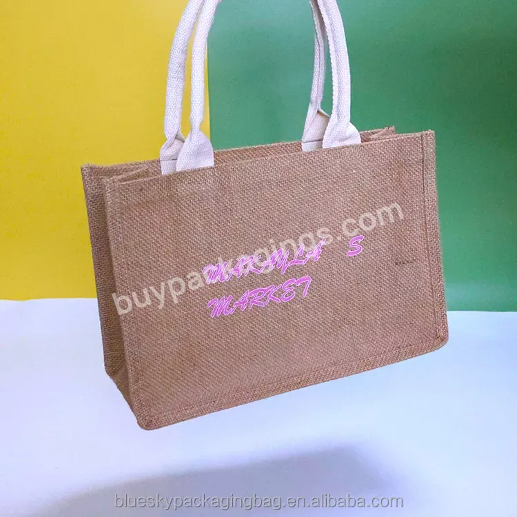 Blue Sky Color Printed Rope Treatment Jute Shopping Bag Custom Logo Printed Canvas Linen Tote Bag Eco-friendly Burlap Tote Bag