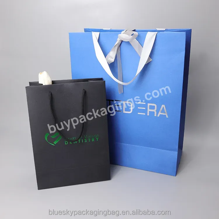 Blue Sky Custom Blue Paper Printed Logo Clothing Shopping Paper Bag Boutique Recyclable Paper Bag Gift Bag Ribbon Rope