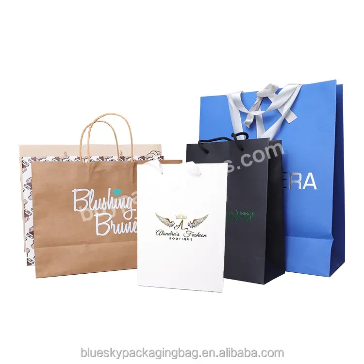 Blue Sky Custom Color Paper Printed Logo Clothing Shopping Paper Bag Boutique Recyclable Paper Bag Gift Bag Ribbon Rope