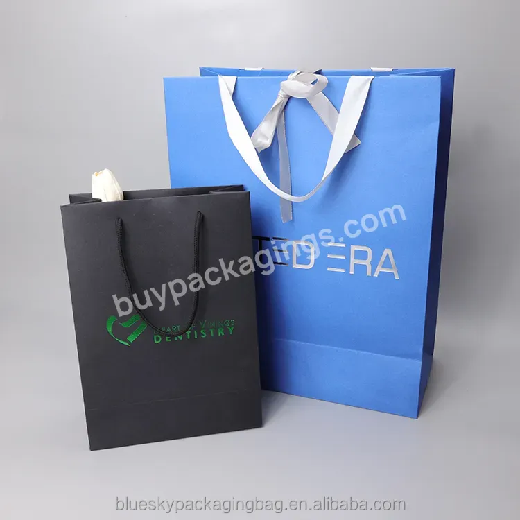 Blue Sky Custom Color Paper Printed Logo Clothing Shopping Paper Bag Boutique Recyclable Paper Bag Gift Bag Ribbon Rope