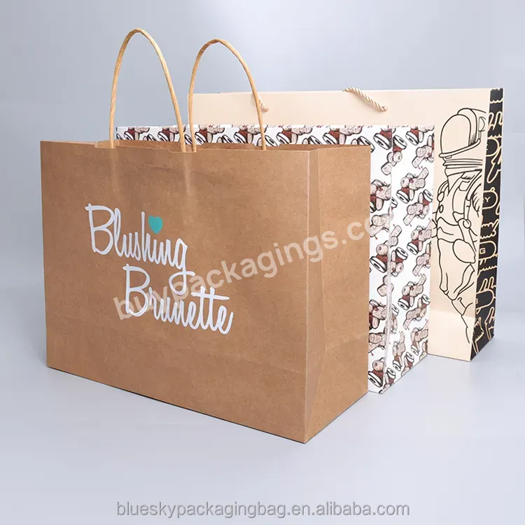 Blue Sky Custom Kraft Paper Printed Logo Clothing Shopping Paper Bag Boutique Recyclable Paper Bag Gift Bag Ribbon Rope